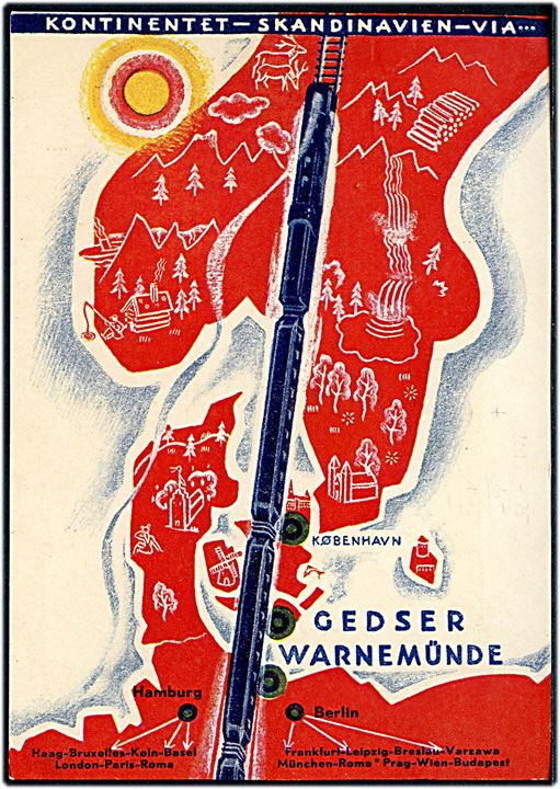 Kontinentet Skandinavien med Tog. Udgivet af de Dansk Statsbaner Juli 1932. Frankeret med 7 øre Bølgelinie og annulleret med tysk skibsstempel Deutsche Seepost Gjedser - Warnemünde Fh. d. 4.10.1934 til Leipzig, Tyskland.