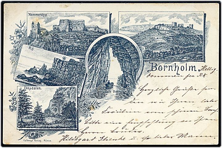 Hilsen fra Bornholm. Meget tidligt kort, brugt 1894 med 10 våben, annulleret Fra Rønne, sendt via Købh. til Berlin, Tyskland. 