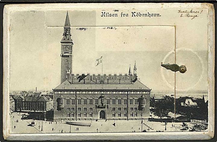 Hilsen fra København med Raadhuspladsen og billedlomme. Ed. F. Ph. & Co. u/no.