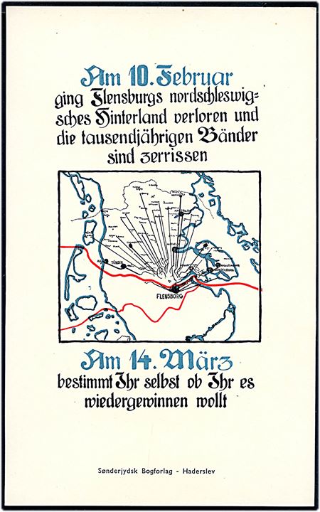 Genforening. Valgagitationsplakat. Udgivet af Sønderjydsk Bogforlag i Haderslev. U/no. (12,3x20 cm) - ikke postkort