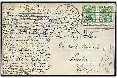 5 øre Chr. X i parstykke på brevkort fra Kjøbenhavn d. 22.2.1918 til Lissabon, Portugal. Portugisisk censur. Folder. 