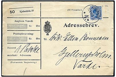 20 øre Chr. X single på adressebrev for pakke fra Kjøbenhavn *4.* d. 15.4.1916 til Varde.
