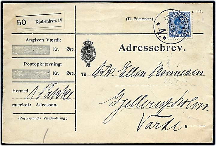 20 øre Chr. X single på adressebrev for pakke fra Kjøbenhavn *4.* d. 15.4.1916 til Varde.