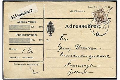 25 øre Chr. X single på adressebrev for pakke fra Kjøbenhavn Ø d. 5.7.1918 til Faarevejle.