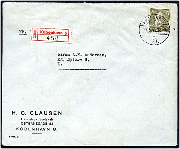 45 øre Chr. X single på anbefalet lokalbrev i København d. 17.5.1949.