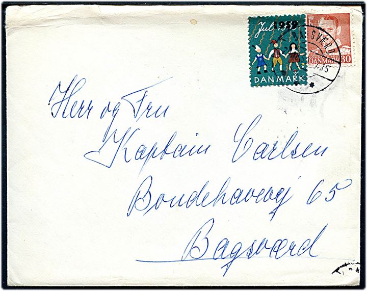 30 øre Fr. IX og 1959/1953 Julemærke-provisorium på brev sendt lokalt i Bagsværd d. 24.12.1959.