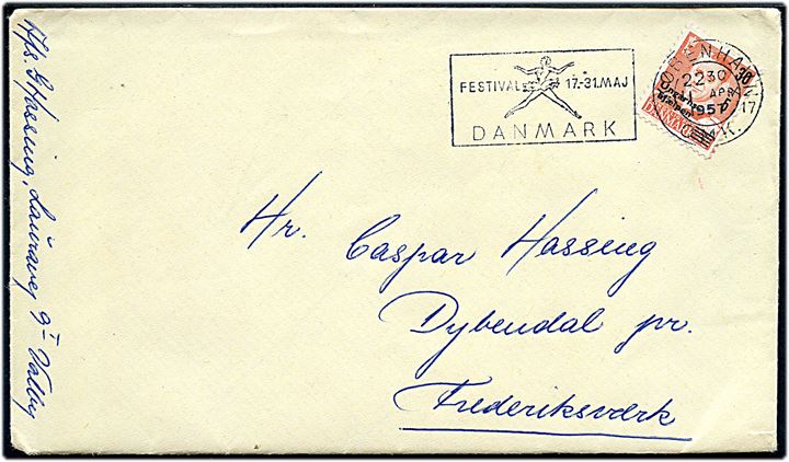 30+5/95 øre Ungarns-hjælpen Provisorium på brev annulleret med TMS Festival 17.-31. maj Danmark/København OMK: 17 d. 11.4.1957 til Frederiksværk.