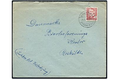 20 øre Fr. IX på brev annulleret med pr.-stempel Øster Kippinge pr. Nørre-Alslev d. 25.8.1949 til Roskilde.