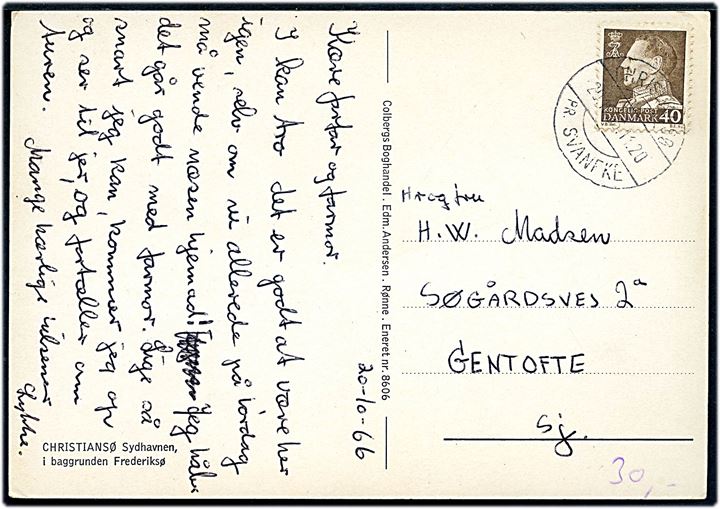 40 øre Fr. IX på brevkort (Christiansø, Sydhavnen) annulleret med pr.-stempel Christiansø pr. Svaneke d. 20.10.1966 til Gentofte.