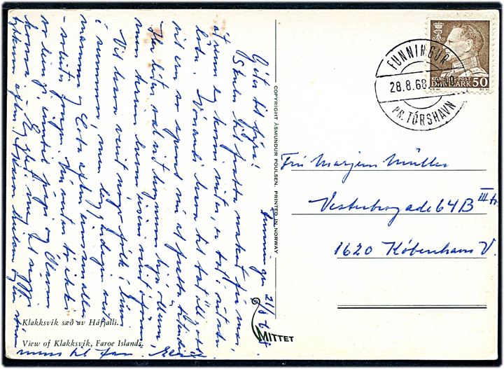 50 øre Fr. IX på brevkort (Klaksvik, udsigt) annulleret med pr.-stempel Funningur pr. Tórshavn d. 28.8.1968 til København.