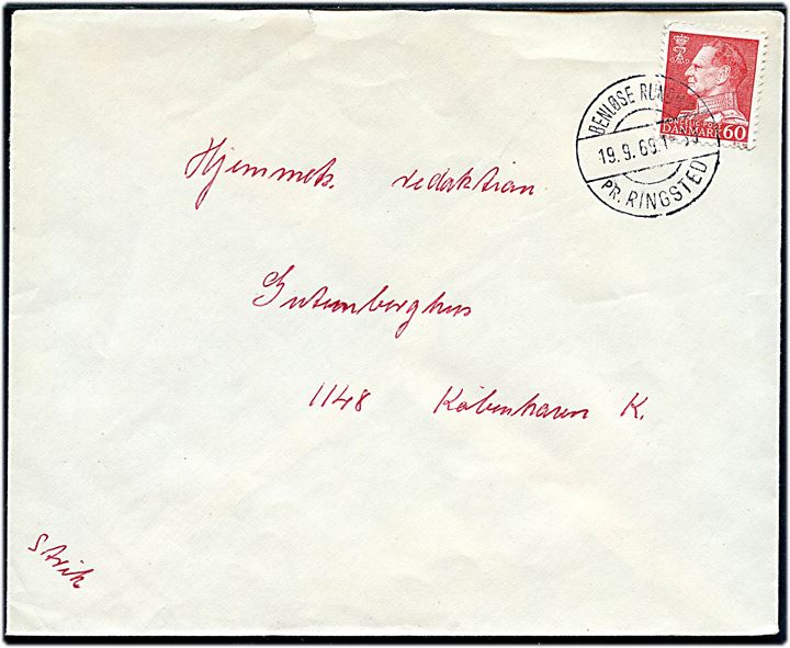 60 øre Fr. IX på brev annulleret med pr.-stempel Benløse Runding pr. Ringsted d. 19.9.1969 til København.