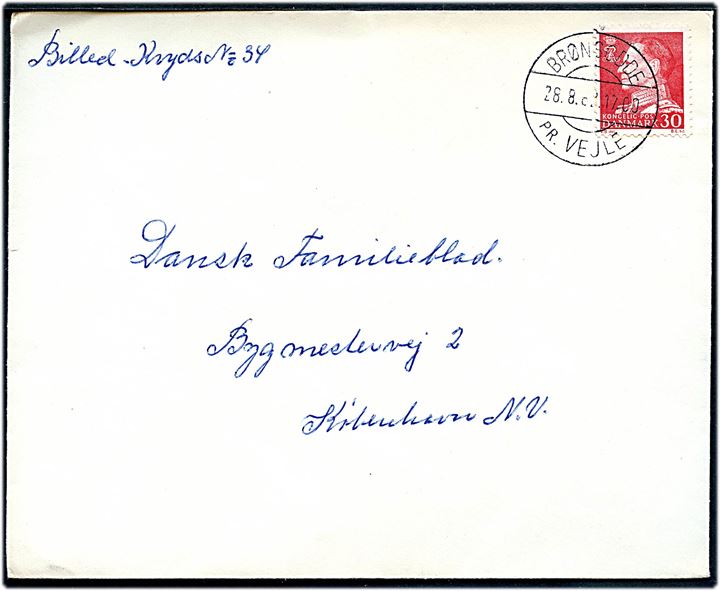 30 øre Fr. IX på brev annulleret med pr.-stempel Brønsodde pr. Vejle d. 28.8.1962 til København.