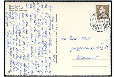 25 øre Fr. IX på brevkort annulleret med pr.-stempel Henne Strand pr. Henne d. 7.8.1963 til København. Sommer-postindleveringssted.
