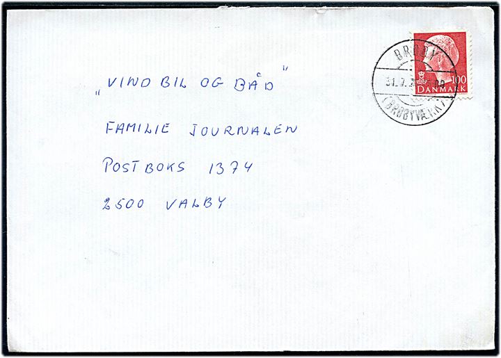 100 øre Margrethe (kort tak) på brev annulleret med parentes stempel Broby (Brobyværk) d. 31.7.1976 til Valby.