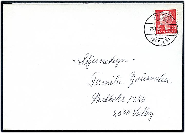 120 øre Margrethe på brev annulleret med parentes stempel Ringsted (Ørslev) d. 29.12.1977 til Valby.