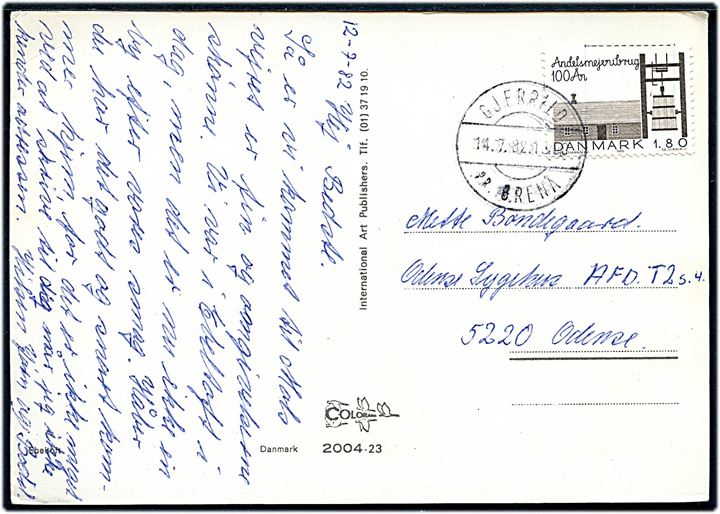 1,80 kr. Andelsmejeribruget 100 år på brevkort annulleret med pr.stempel Gjerrild pr. Grenå d. 14.7.1982 til Odense.