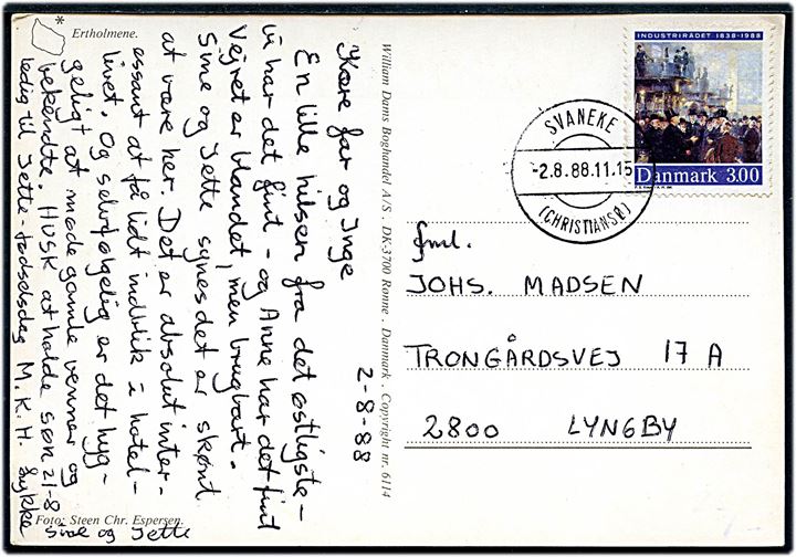 3 kr. Industrirådet på brevkort annulleret med parentes stempel Svaneke (Christiansø) d. 2.8.1988 til Lyngby.