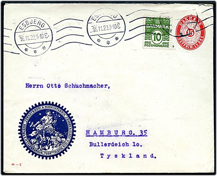 15 øre helsagskuvert (fabr. 44-C) med firmatiltryk fra Esbjerg Jernstøberi opfrankeret med 10 øre Bølgelinie og sendt fra Esbjerg d. 16.11.1929 til Hamburg, Tyskland.