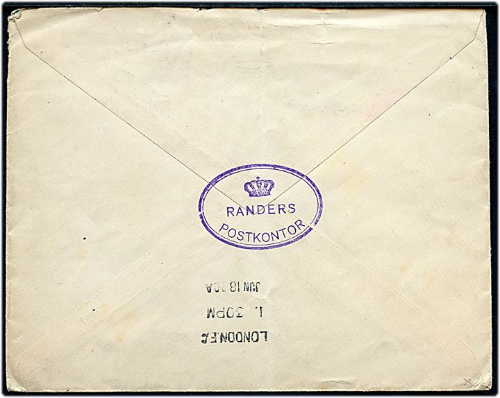 7+3 øre provisorisk helsagskuvert (fabr. S-24) opfrankeret med 1 øre, 4 øre Bølgelinie og 5 øre Chr. X fra Randers d. 15.6.1920 til Ealing, London, England. På bagsiden stempel fra Randers Postkontor. Lodret fold.