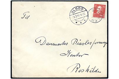 20 øre Chr. X på brev annulleret med udslebet stjernestempel STRELLEV og sidestemplet Ølgod d. 23.3.1944 til Roskilde.