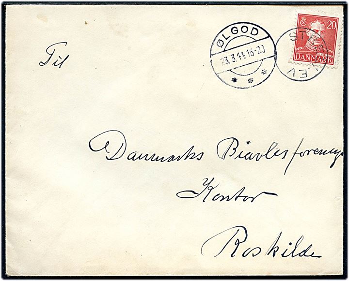 20 øre Chr. X på brev annulleret med udslebet stjernestempel STRELLEV og sidestemplet Ølgod d. 23.3.1944 til Roskilde.