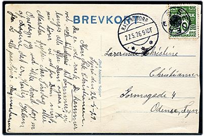 10 øre Bølgelinie på brevkort annulleret med stjernestempel SEJERØ og sidestemplet Kalundborg d. 27.5.1926 til Odense. Postkort afkortet i højre side.