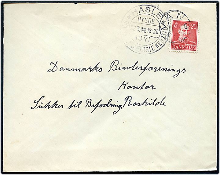 20 øre Chr. X på brev annulleret med udslebet stjernestempel VANG og sidestemplet Hasle d. 22.3.1944 til Roskilde.