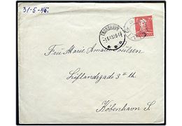 20 øre Chr. X på brev annulleret med udslebet stjernestempel KVALVIG og sidestemplet Thorshavn d. 1.6.1945 til København.