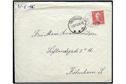 20 øre Chr. X på brev annulleret med udslebet stjernestempel KVALVIG og sidestemplet Thorshavn d. 1.6.1945 til København.