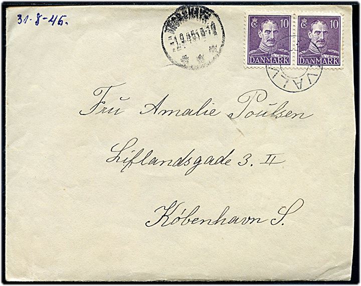 10 øre Chr. X (par) på brev annulleret med udslebet stjernestempel KVALVIG og sidestemplet Thorshavn d. 1.9.1945 til København.