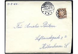 25 øre Fr. IX på brev annulleret med udslebet stjernestempel KVALVIG og sidestemplet Thorshavn d. 7.8.1950 til København.