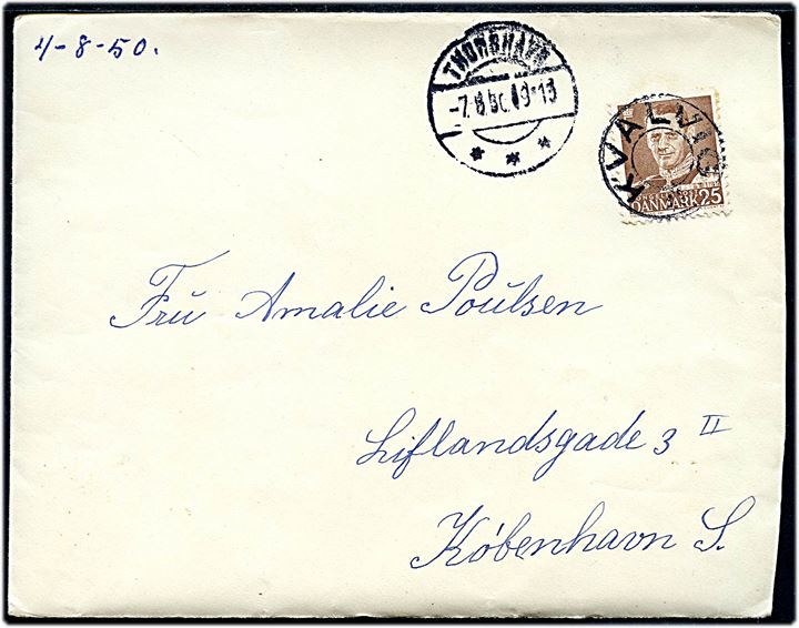 25 øre Fr. IX på brev annulleret med udslebet stjernestempel KVALVIG og sidestemplet Thorshavn d. 7.8.1950 til København.