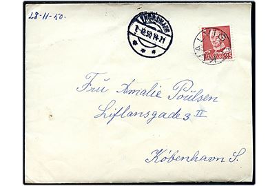 25 øre Fr. IX på brev annulleret med udslebet stjernestempel KVALVIG og sidestemplet Thorshavn d. 1.12.1950 til København.