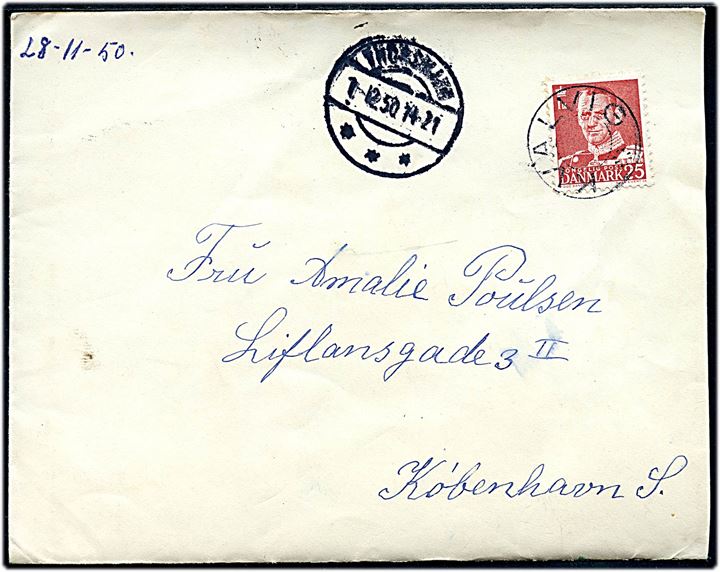 25 øre Fr. IX på brev annulleret med udslebet stjernestempel KVALVIG og sidestemplet Thorshavn d. 1.12.1950 til København.