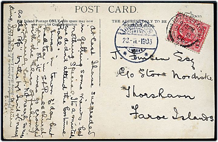 1d Edward VII på brevkort fra Battersea d. 8.11.1906 til Thorshavn, Færøerne. Ank.stemplei i Thorshavn d. 23.11.1906.
