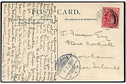 1d Edward VII på brevkort fra Battersea d. 22.1.1907 til Thorshavn, Færøerne. Ank.stemplei i Thorshavn d. 7.2.1907.