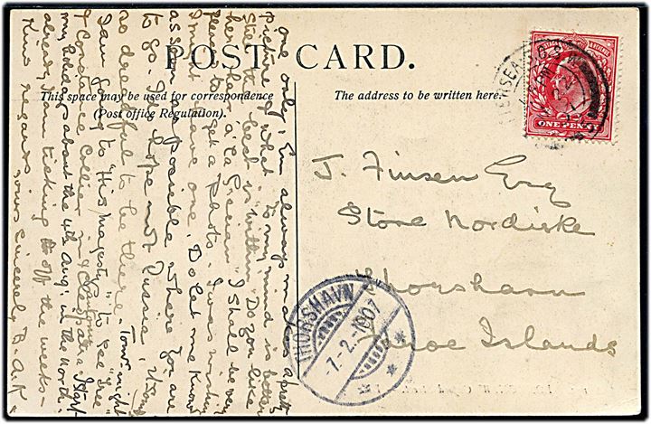 1d Edward VII på brevkort fra Battersea d. 22.1.1907 til Thorshavn, Færøerne. Ank.stemplei i Thorshavn d. 7.2.1907.