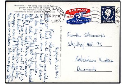 3 kr. Sigrudsson på luftpost brevkort fra Reykjavik d. 26.9.1962 til København, Danmark.
