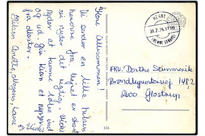 Ufrankeret brevkort med parentes stempel Henne (Henne Strand) d. 31.7.1975 til Glostrup. Ikke udtakseret i porto.