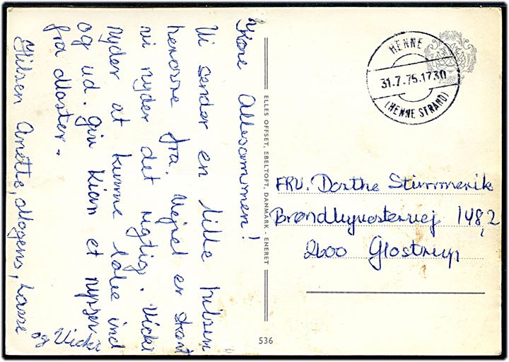 Ufrankeret brevkort med parentes stempel Henne (Henne Strand) d. 31.7.1975 til Glostrup. Ikke udtakseret i porto.