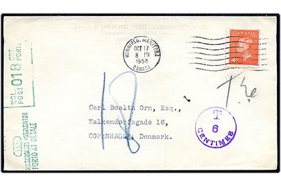 4 cents George VI på underfrankeret brev fra Winnipeg d. 17.10.1952 til København, Danmark. Violet canadisk portostempel T 6 Centimes og grønt 18 øre portomaskinstempel fra Købmagergades Postkontor.