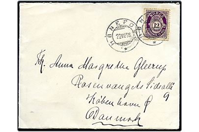 12 øre Posthorn single på brev fra Hønefoss d. 22.7.1918 til København, Danmark.