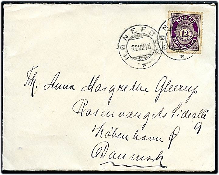 12 øre Posthorn single på brev fra Hønefoss d. 22.7.1918 til København, Danmark.