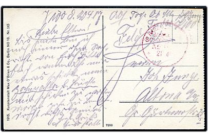 Ufrankeret marinepostkort med RØDT stempel Kais. Deutsche Marineschiffspost no. 33 d. 21.4.1917 til Altona. Tydelig afsender fra torpedobåden V 100 som benyttede stemplet 1916-1917. Usædvanligt med marinepoststempel i rød farve.