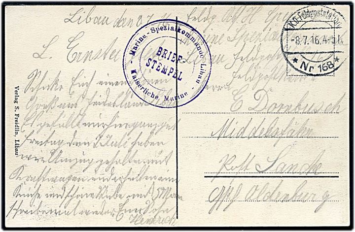 Ufrankeret feltpostkort (Libau, Herrenbad) med feltpoststempel K.D.Feldpoststation Nr. 168 (= Libau. Letland) d. 8.7.1916 og briefstempel Marine Spezialkommando Libau / Kaiserlische Marine til Oldenburg.