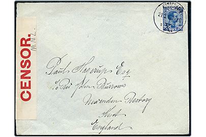 20 øre Chr. X på brev annulleret brotype IIIb Kjøbenhavn X. sn4 d. 21.3.1916 til England. Åbnet af britisk censur med usædvanlig hvid banderole m. rød skrift og håndskrevet signatur M.N.L.