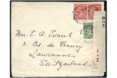 ½d ig 1d (par) George V på brev fra Aberystwyth d. 12.8.1916 til Lausanne, Schweiz. Dobbelt censureret med først hvid banderole m. rød skrift og signatur AR og efterfølgende alm. banderole med nr. 872.