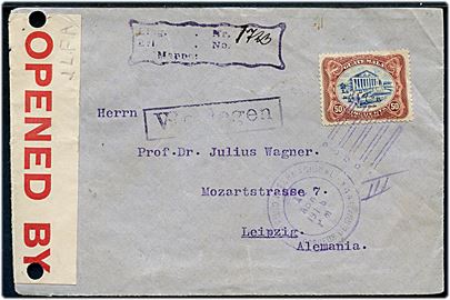 50 c. på brev fra Guatemala d. 12.4.1916 til professor Dr. Julius Wagner i Leipzig, Tyskland. Åbnet af britisk censur med usædvanlig hvid banderole med rød skrift og signatur JLFA. 2 arkivhuller.