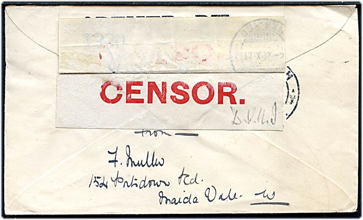 2½d George V på brev fra Maida Hill d. 8.9.1916 til Zürich, Schweiz. Dobbelt censureret med først hvid banderole med rød skrift og signatur D.V.U.J.(?) og igen med alm. banderole no. 1330.