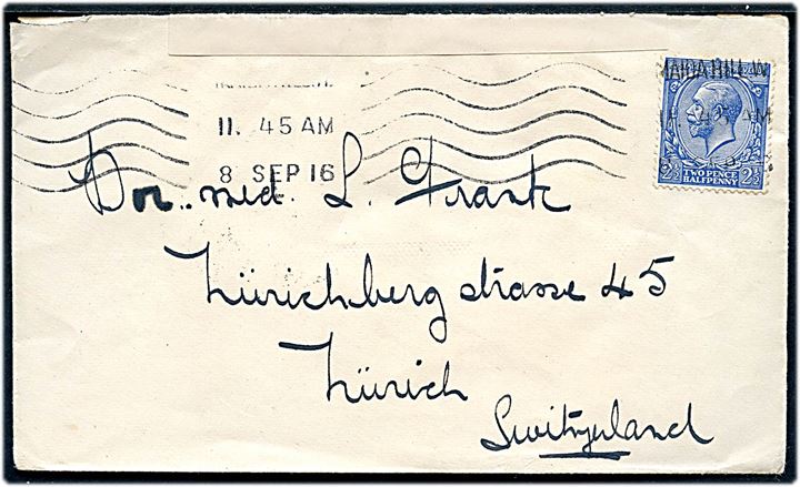 2½d George V på brev fra Maida Hill d. 8.9.1916 til Zürich, Schweiz. Dobbelt censureret med først hvid banderole med rød skrift og signatur D.V.U.J.(?) og igen med alm. banderole no. 1330.